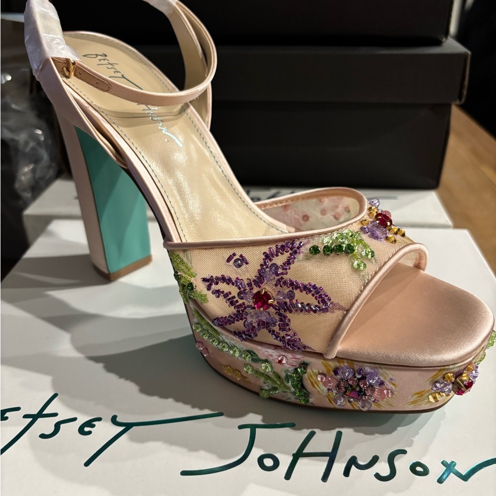 Betsey Johnson VIVENE Floral Embellished Heels in Cream and Purple - Picture 2 of 3